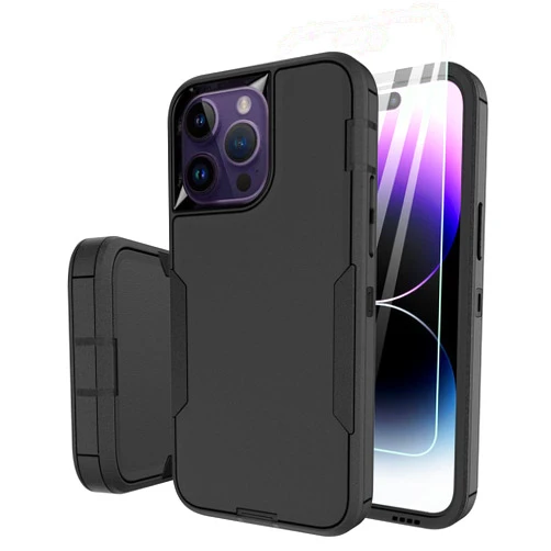 Dahkoiz for iPhone 14 Pro Max Case, with Tempered Glass Screen Protector and Dust-Proof Port Cover, Full Body Protection Rubber Phone Case for iPhone 14 Pro Max 6.7-Inch, Black/Black