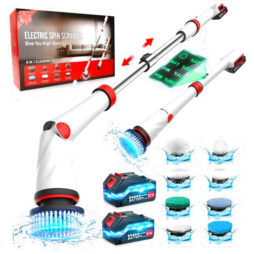 Veubew 1200RPM Rechargeable Electric Spin Scrubber, 8 in 1 Electric Spin Scrubber Cordless Tub and Tile Scrubber, 2000mAh Battery Power Shower Scrubber 50-inch Long Handle for Cleaning Household Bathroom