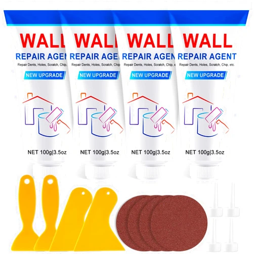 NUITPY 4 Pack Drywall Repair Kit, Wall Spackle Repair, Wall Mending Agent, Drywall Hole Fill Quick and Easy Solution, Wall Patch Repair Kit with Scraper and Sandpaper(4 x 100g)