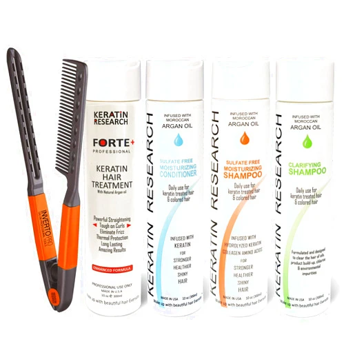 KERATIN RESEARCH KERATIN FORTE Extra Strength Brazilian Keratin Hair Treatment Professional 300ml Set Including Moisturizing Shampoo, Moisturizing Conditioner, Clarifying Shampoo, Brush/Comb Proven Amazing Results
