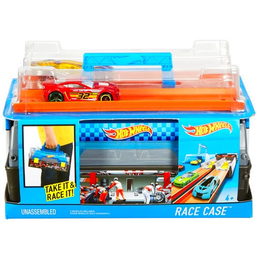 Hot Wheels Toy Cars & Track Set, Race Case Playset with 2 Vehicles in 1:64 Scale, Dual Launcher for Side-By-Side Racing & Portable Storage Container