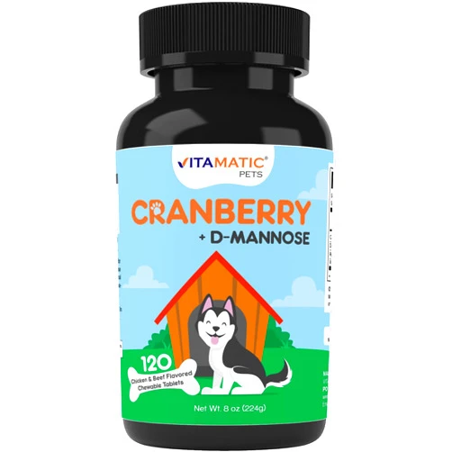 Vitamatic Cranberry for Dogs - 120 Chewable Tablets - Added D-Mannose, Apple Cider, Vitamin C for Urinary Tract Support, Bladder Support for Dogs