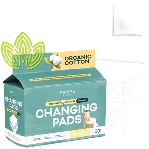 Modera Organic Cotton Disposable Changing Pad Liners | Large 18x24 Hypoallergenic Ultra Absorbent & Waterproof Super Soft, Quilted Underpads for Baby Diaper Table & Travel, Leak Proof & Mess Free [50-Pack]