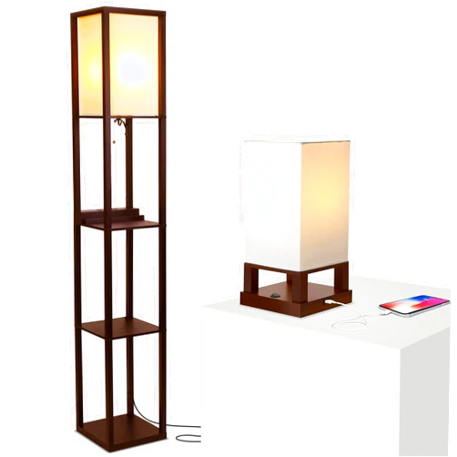 Brightech Maxwell Floor & Table Lamp Set of 2 - Narrow Side Table and Nightstand Lamp with USB Ports - Perfect Floor Lamp for Bedroom or Living Room - Wooden Frame, LED Bulb, Ambient Light - Brown