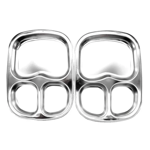 Fam 3 Compartment Tray Korean Stainless Steel Divided Plates, Kids Toddlers Babies Tray, BPA Free, Diet Food Control, Camping Dishes, Compact Serving Platter, Dinner Snack, 3 Compartment Plate Silver, Set of 2