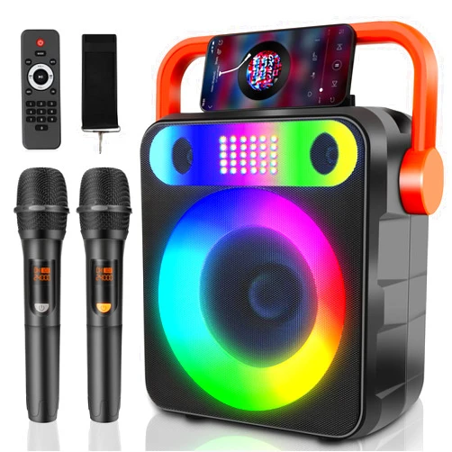 DFTRT Karaoke Machine with Two Wireless Microphones, Portable Bluetooth Speaker with Strobe Lights, Karaoke Machine for Adults & Kids, Karaoke Speaker Supports TF Card/USB, AUX in, FM, REC,TWS