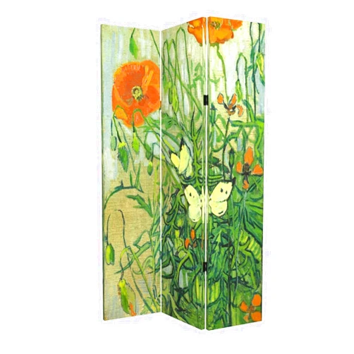 HOZUSO Room Divider Wood Privacy Screens Van Gogh's Butterflies and Poppies Painting Canvas 3-Panel Foldable Portable Separating Divider Room Partitions Freestanding Home Decor 71'' High