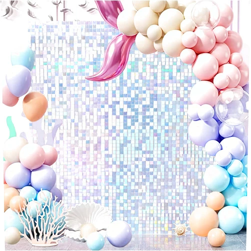 B-COOL Silver Sequin Wall Backdrop 24 Panels Iridescent Silver Shimmer Backdrop Colorful Panels 6FTx4FT Party Backdrop Rainbow Silver Glitter Birthday Backdrops Sheets Bridal Shower Parties