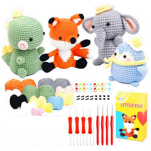 Jmuiiu Animal Crochet Kit,Crochet Starter Kit,Starter Pack 4 Cute Pattern Crochets Kits with Instructions and Video Tutorials, for Adutls,Penguin, Dinosauria, Fox, Elephant Style