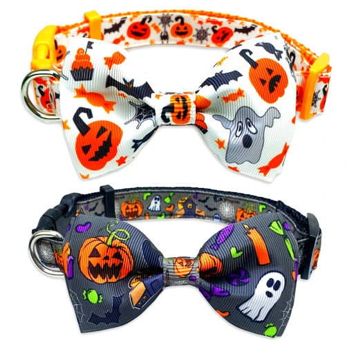 Pohshido 2 Pack Halloween Dog Collar with Bowtie, Holiday Jack-O-Lantern and Pumpkin Collar for Small Medium Large Dogs Pets Puppies (Medium)
