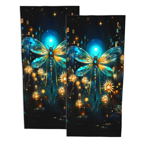Snowmolle 2 Pack Hand Towels for Bathroom,Glowing Dragonfly Decorative Kitchen Towels Highly Absorbent Soft Towels for Bathroom Beach Spa Gym Face Towel 14x28 Inch
