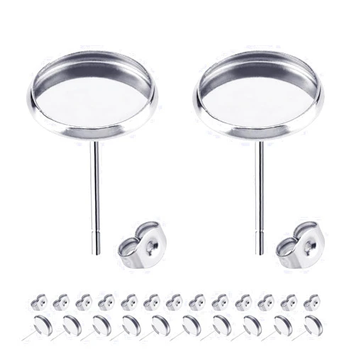 BEADNOVA Cabochon Setting Post 60pcs Blank Earring Studs 8mm Stainless Steel Cabochon Setting Ear Stud with Stainless Steel Backs for Resin DIY Earring Making (8mm, 60pcs)