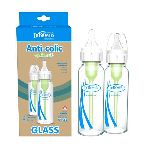 Dr. Brown's Natural Flow Anti-Colic Options+ Narrow Glass Baby Bottle 8 oz/250 mL, with Level 1 Slow Flow Nipple, 2 Pack, 0m+