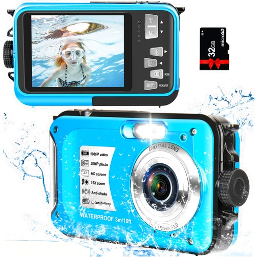 EUXOR 32GB 10FT 30MP FHD 1080P Compact 16X Digital Zoom Underwater Digital Camera for Snorkeling, Blue