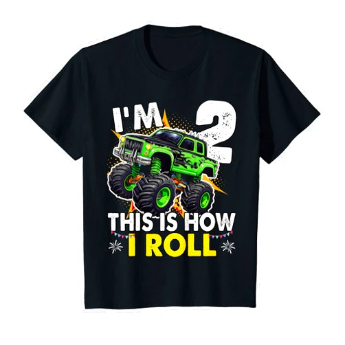 Family Matching Monster trucks lover boys birthday Kids I'm 2 This is how I roll Monster Truck 2nd Birthday Boys T-Shirt