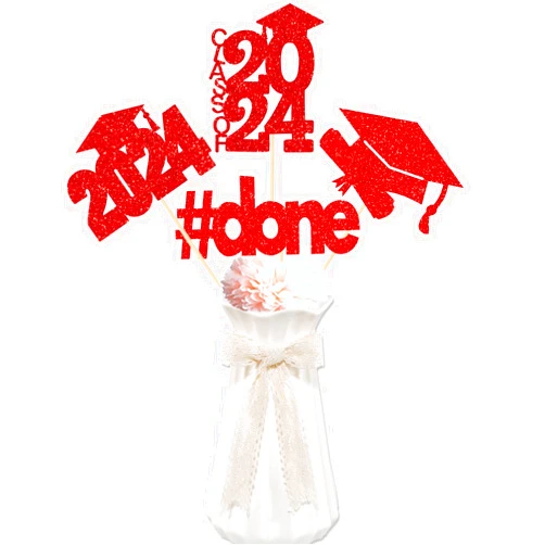 CAVLA 16 Pieces Red Glitter 2024 Graduation Party Centerpiece Sticks Class of 2024 Done Graduation Cap Diploma Table Toppers 2024 High School College Congrats Grad Graduation Party Decoration