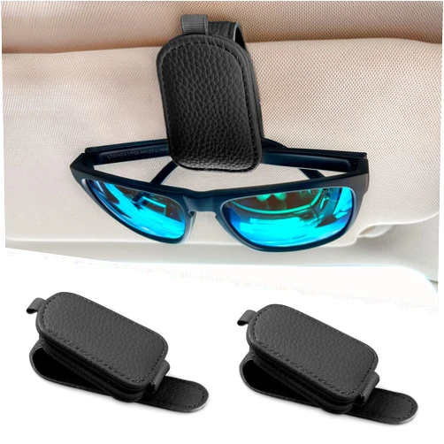 LTOHOE 2 Pack Sunglass Holder for Car, Magnetic Leather Sunglasses Holder and Ticket Card Clip, Universal for Different Size Glasses, Car Visor Accessories(Black)