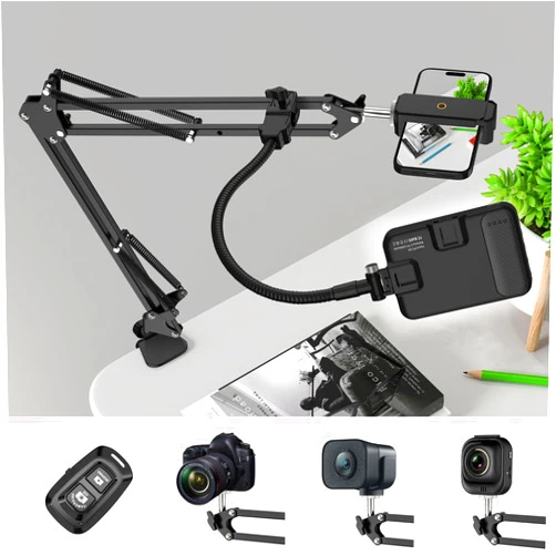 Gepege Overhead Phone Mount with 60 LED Portable Selfie Light and Phone Holder for Desk, Camera Mount Arm Stand with Remote, Overhead Stand for Video Recording, Live Streaming, TikTok, YouTube and Cooking