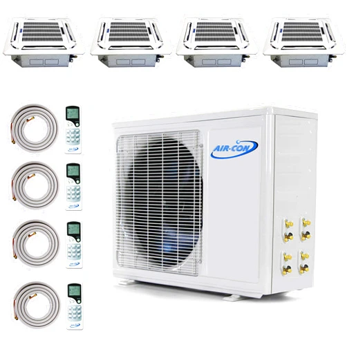 Air-Con Multi Zone Mini Split Ductless Air Conditioner – Quad 4 Zone 12000 + 12000 + 12000 + 12000 -Pre-Charged Inverter Compressor - Includes Four 25' Linesets – Ceiling Cassette - US Parts