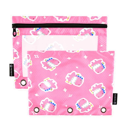 CUPADA Pink Dinosaurs Pencil Pouch for 3 Ring Binder, Cute Dino Babies Binder Pouch with Zipper Clear Window Pencil Case Bag for Storing Office Supplies 2Pack