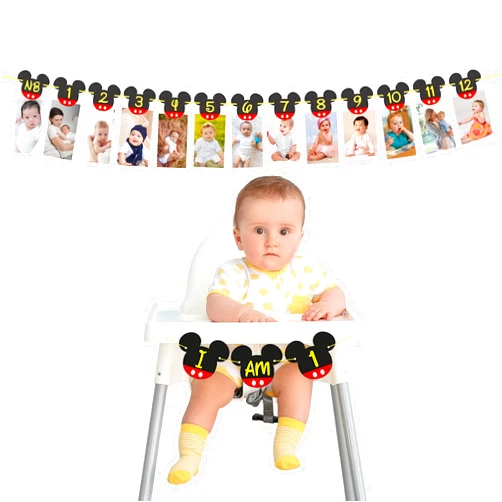 Orangedolly Mickey Mouse Birthday Banners I NB to 12 Month Photo Banner with I am One High Chair Banner I First Birthday Decorations I Picture Frame Banners
