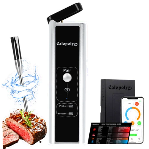 Calopolygy 2nd Gen Wireless Meat Thermometer, Bluetooth Connectivity with IPX7 Waterproof Probe, Extended Range, iOS & Android App, Programmed Temperature Alert for Grill, Smoker, Oven & Air Fryer
