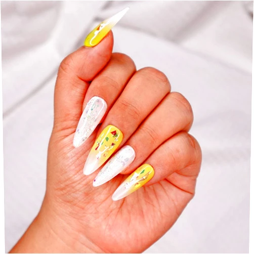 PONails 10 Pcs Handmade Press on Nails (Large, Iced Lime - French Ombre Lime Green and Shattered Glass Jelly White Glitter Mix Stiletto Nails) A117L