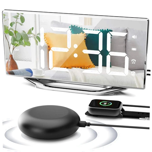 PPLEE Extra Loud Vibrating Alarm Clock with Bed Shaker for Deep Sleepers Adult Hearing impaired Deaf, Dual Alarms Digital Clock for Bedroom,8.7'' Large Mirror LED Display,USB Charger,Battery Backup,Dimmable