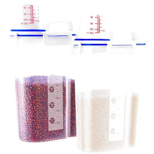 HNNJCK 2 Pcs Set Rice Dispenser Storage Containers, 10 Lbs Small Rice Bucket with Measuring Cup & Pour Spout, Kitchen Plastic Airtight Container for Cereal, Grain, Flour, Sugar, Oatmeal, Dry Pet Dog Food