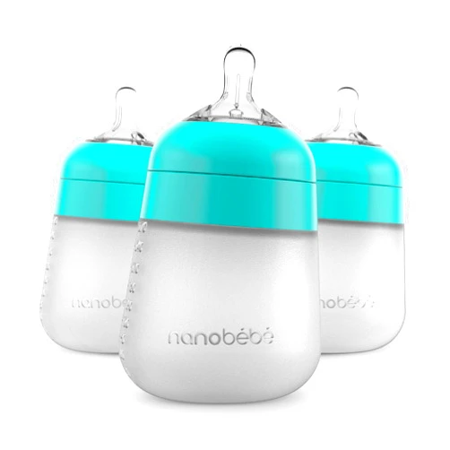 NANOBÉBÉ Nanobebe Flexy Silicone Baby Bottles, Anti-Colic, Natural Feel, Non-Collapsing Nipple, Non-Tip Stable Base, Easy to Clean - 3-Pack, Teal, 9 oz