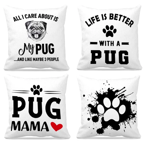 GICHUGI Dog Themed 18″×18″Set of 4 Life is Better with A Pug Funny Pug Paw Print Decorative Throw Pillow Case,Home Bedroom Living Room Girl Room Sofa Couch Bed Decor,Gifts for Dog Lovers Girls Women
