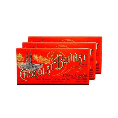 Bonnat Noir Cacao 100% Dark Chocolate 3 Pack - French Chocolate - Bean-to-Bar, Family Owned - Soy-Free, Gluten-Free, Vegan, Kosher - Bundle
