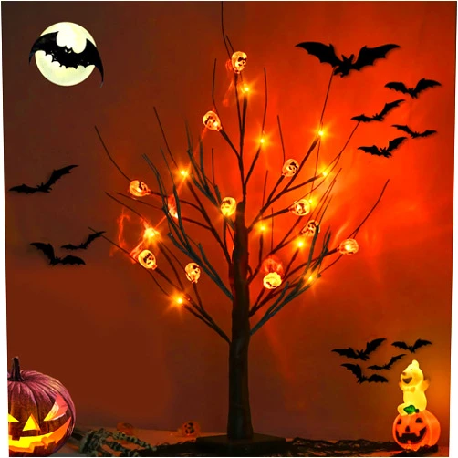 MROUEN 2FT Halloween Tree, Halloween Decorations Indoor, Spooky Tree with 24 LED Orange Light 12 Pumpkin Ornaments, Halloween Decor, Halloween Light Up Decorations Tree, Halloween Home Decor