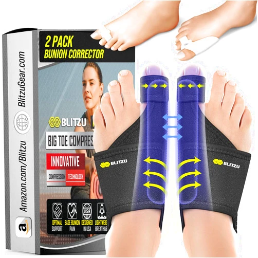 BLITZU Bunion Corrector for Women and Men. Orthopedic Bunion Splint, Big Toe Separator Pain Relief, Non-Surgical Hallux Valgus Correction, Hammer Toe Straightener, Day Night Support (2 Count)
