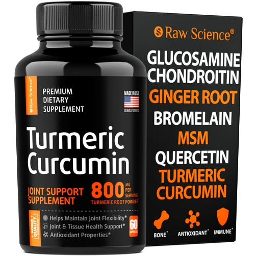 S RAW SCIENCE Joint Support Supplement with Turmeric Curcumin Glucosamine Chondroitin MSM Ginger Bromelain Nutritional Herbal Supplements for Men & Women, Helps with Inflammatory Response, Knee Support, 60 Capsules