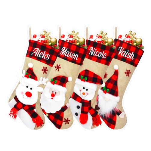 ZGCYSMHT Personalized Christmas Stocking, Custom Name 18'' Burlap Christmas Stocking, Santa Snowman Deer Christmas Stocking, Home Party Mantel Hanging Decoration (5 Pack)