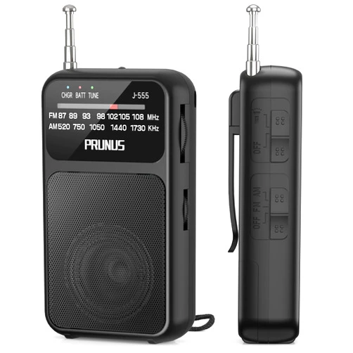 PRUNUS J-555 Pocket Radio AM FM USB-C Charging& Battery Operated, Excellent Reception& Clear Speaker and Headphone Jack, Back Clip, Flashlight, Transistor Radio, Portable Radio AM FM, Mini Radio