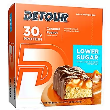 Detour Lower Sugar Whey Protein Bar, Caramel Peanut, 3 Ounce (Pack of 12) Lower Sugar Caramel Peanut 12 Count (Pack of 1)