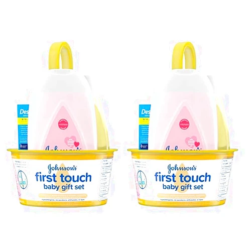 Johnson's Baby Johnson's First Touch Baby Gift Set, Baby Bath, Skin & Hair Essential Products, Kit for New Parents with Wash & Shampoo, Lotion, & Diaper Rash Cream, Hypoallergenic & Paraben-Free, 4 items (Pack of 2)