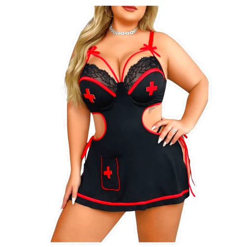 WDIRARA Women's Plus Size 3 Piece Babydoll Lingerie Set Nurse Roleplay Costume Side Tie Lace Cutout Nightdress