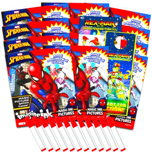 Marvel Spiderman Imagine Ink Coloring Book Set for Kids - 12 Pack No-Mess Magic Ink Spiderman Coloring Books with Rex-Man Stickers and Door Hanger (Spiderman Superhero Party Favors Bundle)