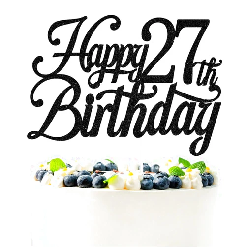 PYBHILK Black Glitter Happy 27th Birthday Cake Topper, Cheers to 27 Years/Level 27 Unlocked/27 Years Loved & Blessed, Funny 27th Birthday Party Decorations Supplies