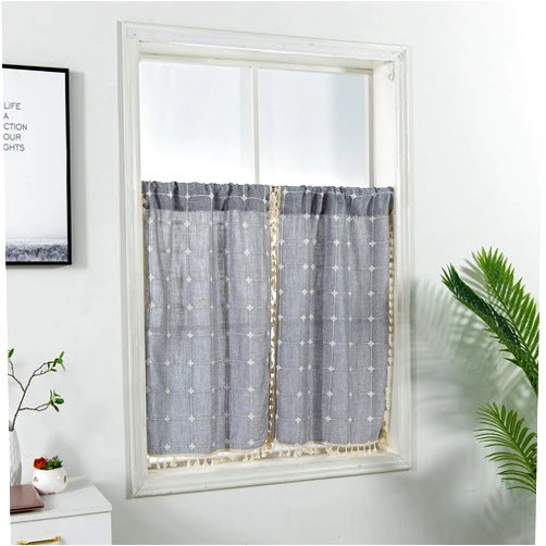 YoKii Boho Kitchen Curtains 36 Inch Length, Modern Farmhouse Cotton Linen Short Window Panel Country Gingham Tassel Cafe Curtains Semi-Transparent Small Tier Curtain Decor (Tiers - 24 x 36, Dark Grey)
