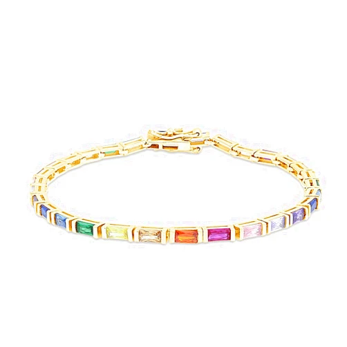 AFFY 14k Gold Plated 925 Sterling Silver Colourful Bar Setting Rainbow Baguette Sparkling Multi Color Sapphire Gemstone Tennis Bracelet, Jewelry for womens