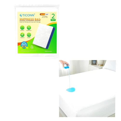 TICONN 2PK Mattress Bag for Storage(4 mil,Queen) + Waterproof Mattress Protector Breathable Bamboo Fabric(Queen)