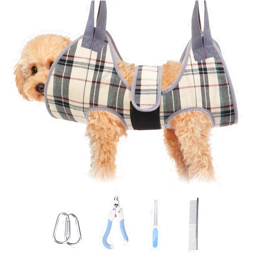 BEAUTYZOO Dog Grooming Hammock for Small Dogs Cat- Dog Sling for Nail Trimming/Clipping- Dog Hanging Harness Holder with Thick Fabric Neck Support & Strap Restraint Claw Care, Beige XS