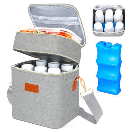 PIIOSER Breastmilk Cooler Bag with Ice Pack Fits 6 Baby Bottles Up to 9 Ounce, Insulated Baby Bottle Tote Bags, Double Layer Waterproof Leak-Proof with Shoulder Strap for Nursing & Working Mom (Grey)