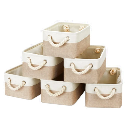 Temary Small Fabric Storage Baskets 6 Pcs Decorative Baskets Bins for Gifts Empty Foldable Storage Baskets with Handles for Organizing Shelf, Towels, Toys (White&Khaki,11.8 L x 7.9 W x 5.3 H inches)