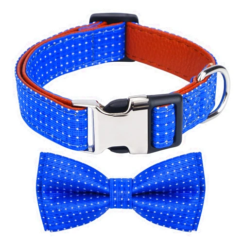 Rhea Rose Dog Collar with Bow Tie for Girl or Boy Gift Soft Durable Bowtie Blue dot Small