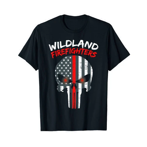 BoredKoalas Wildland Firefighter Shirts Gifts USA Flag Thin Red Line Skull Wildland Firefighter Gift T-Shirt